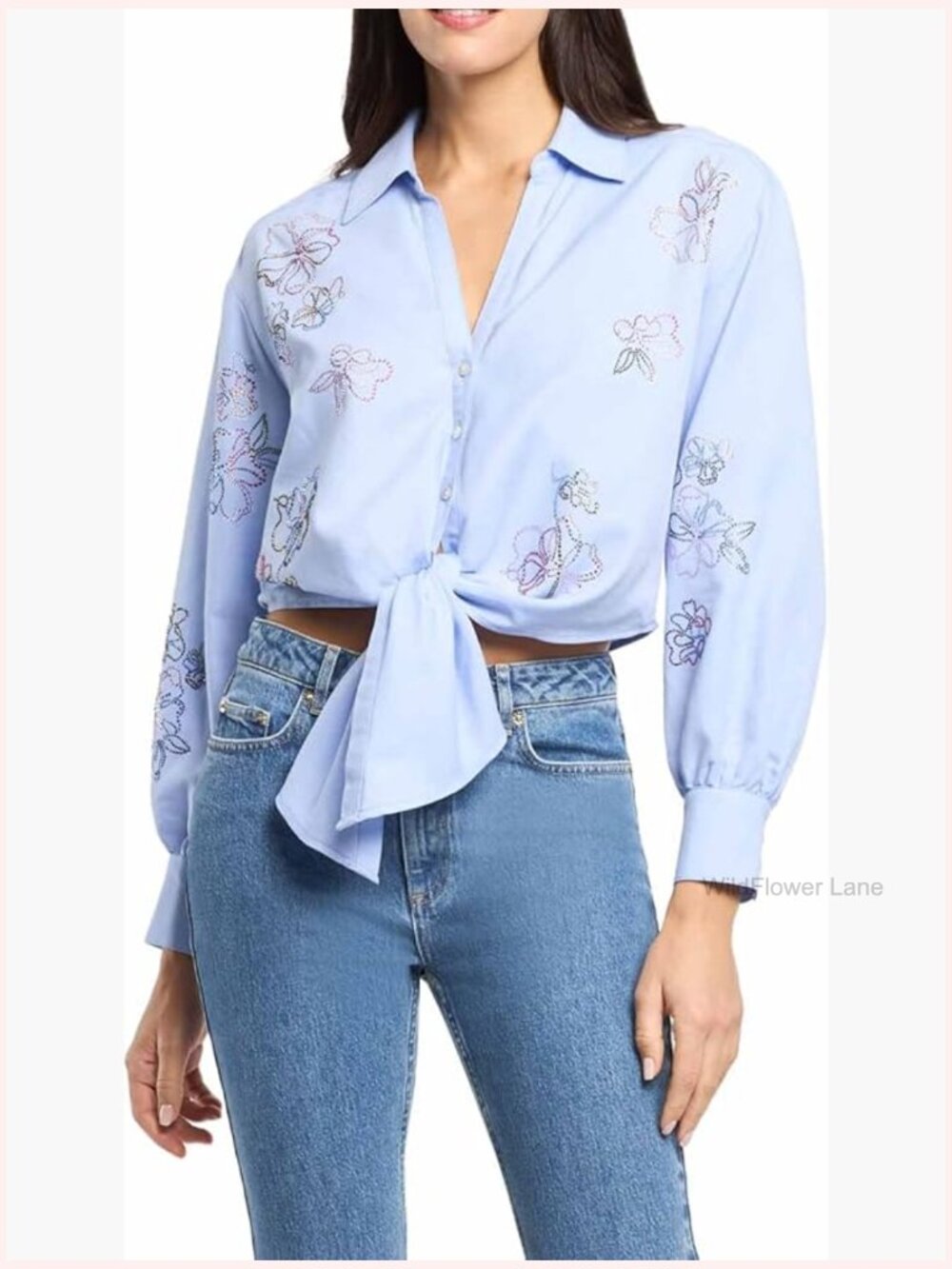 Floral Embellished Collared Blouse with Tie Front